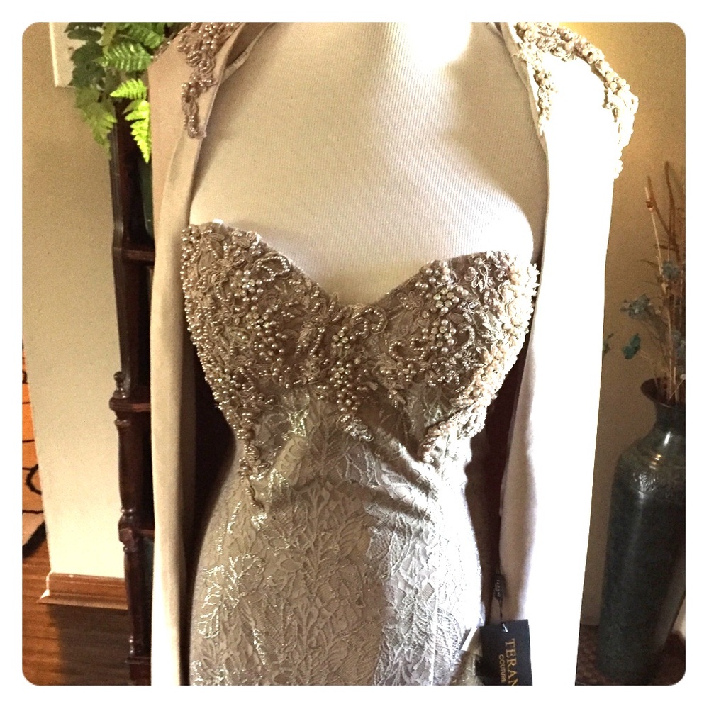 Strapless sequined/beaded cocktail dress with cape